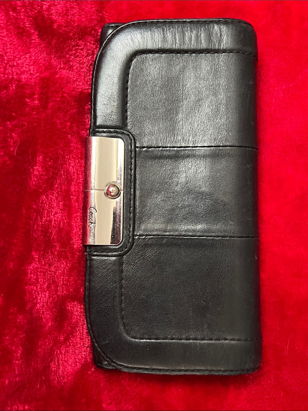 Coach Black Leather Phone Wallet Case with Silver Clasp